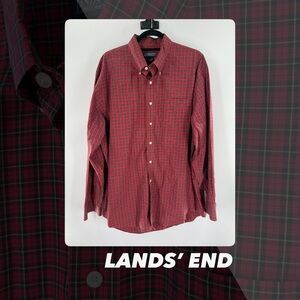 EUC Lands’ End Red Plaid Button Front Shirt